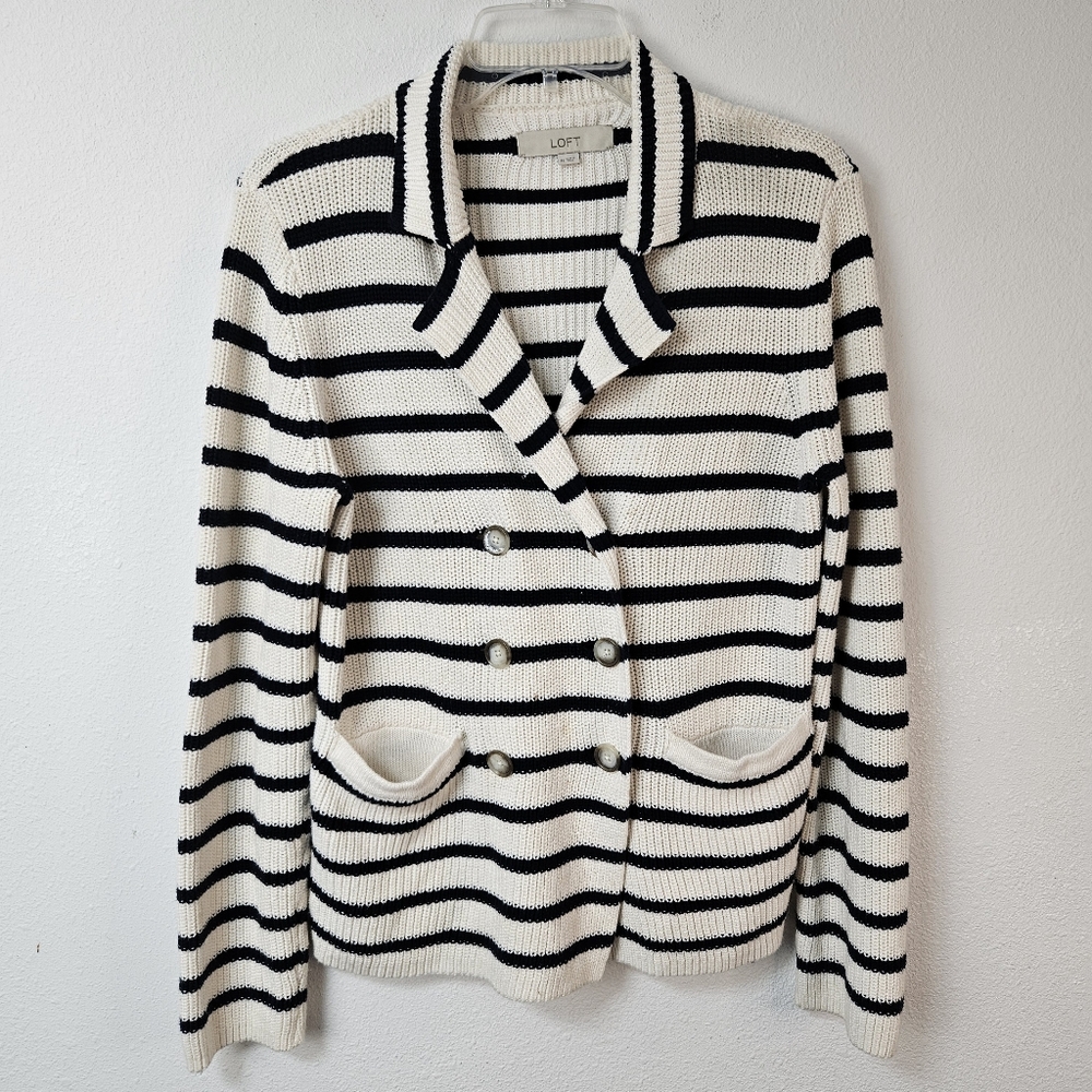 Loft Striped Navy White Cardigan Double Breasted Size M Nautical Cotton
